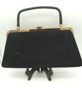 Vintage 1960's Saks Fifth Avenue Black Suede Gold Tone Hinged Frame Clutch Purse